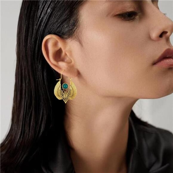 Boho Moth Wing Earrings – Vintage Egyptian Symbol Statement Jewelry - Picture 2 of 5